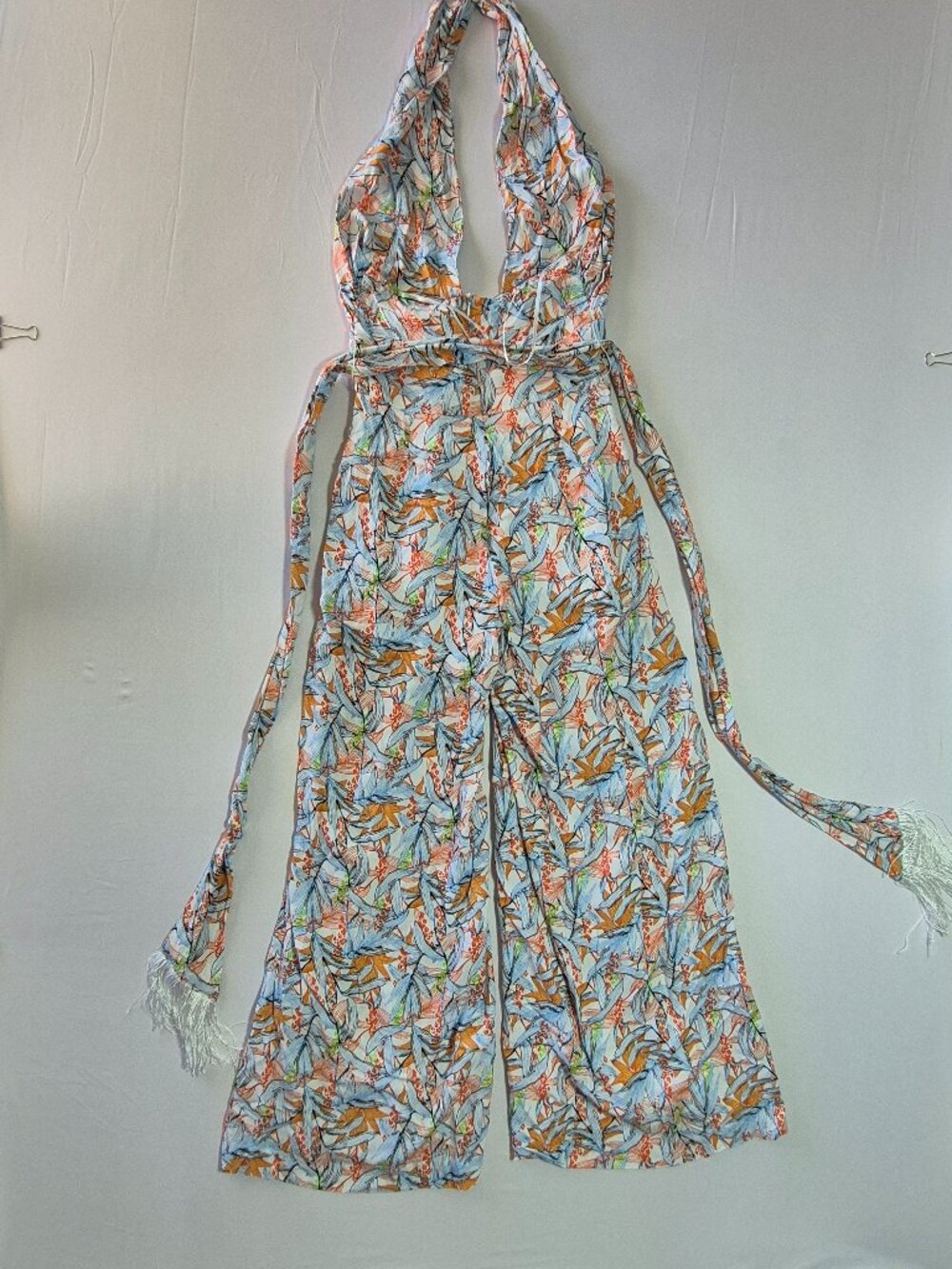 Fab'rik Boho Tropical Floral Wide Leg Halter Jumpsuit Fringe Tassel Details Sz S